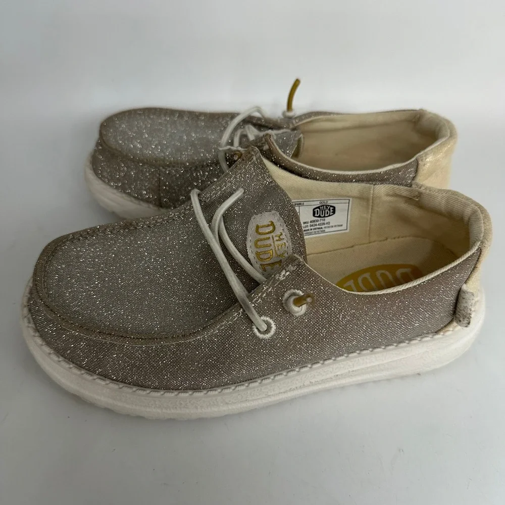 Hey Dude Wendy Y Metallic Sparkle Kids Size C11 Silver Slip On Loafers 40830-710